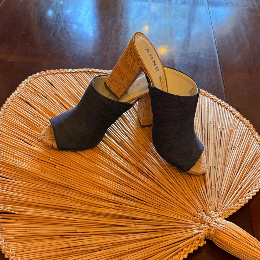 Anne Klein Blue with Tan Cork Heel Open-Toe Mules